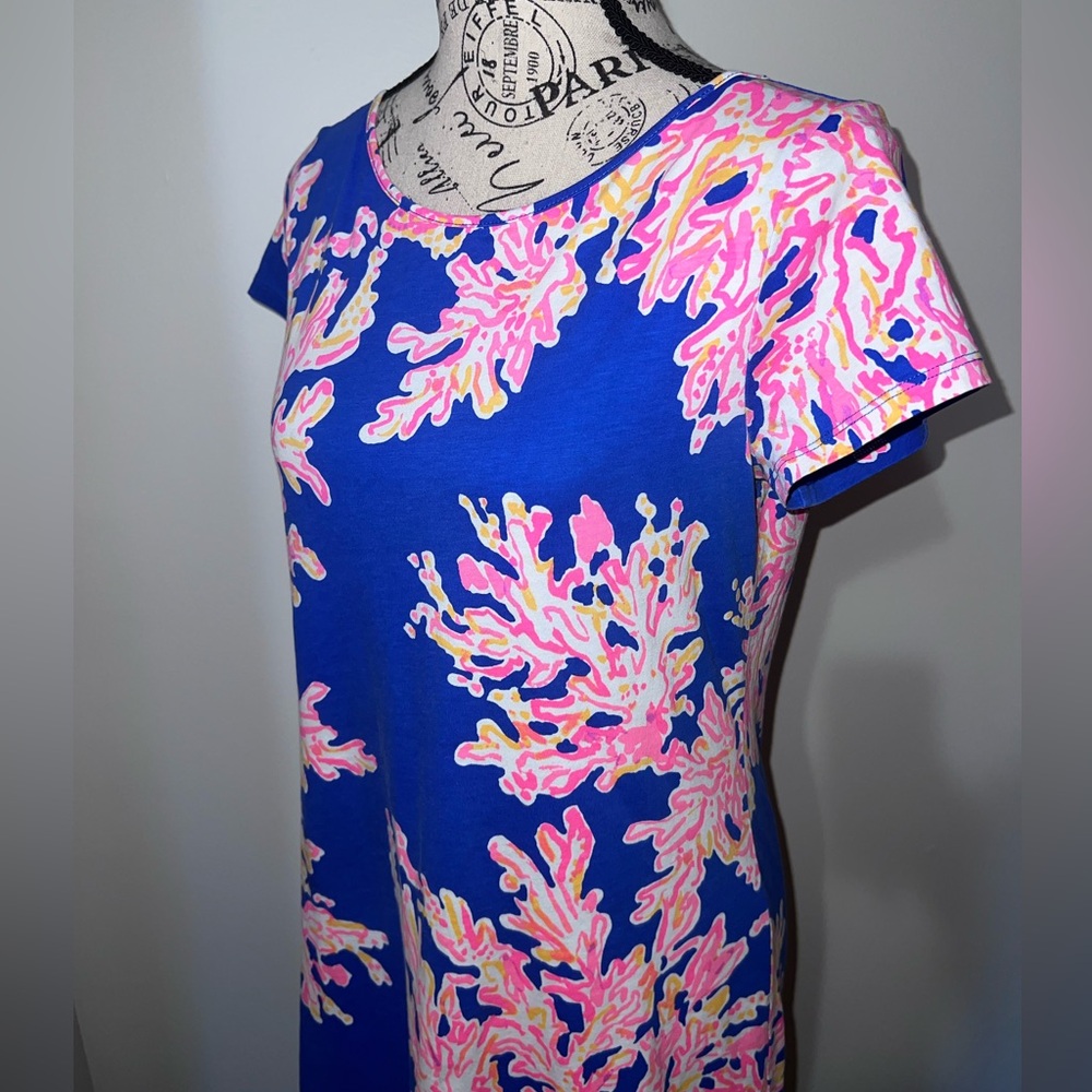 Lilly Pulitzer Pima Cotton T-Shirt Dress Coral Reef Print Blue Pink Small - Picture 3 of 9